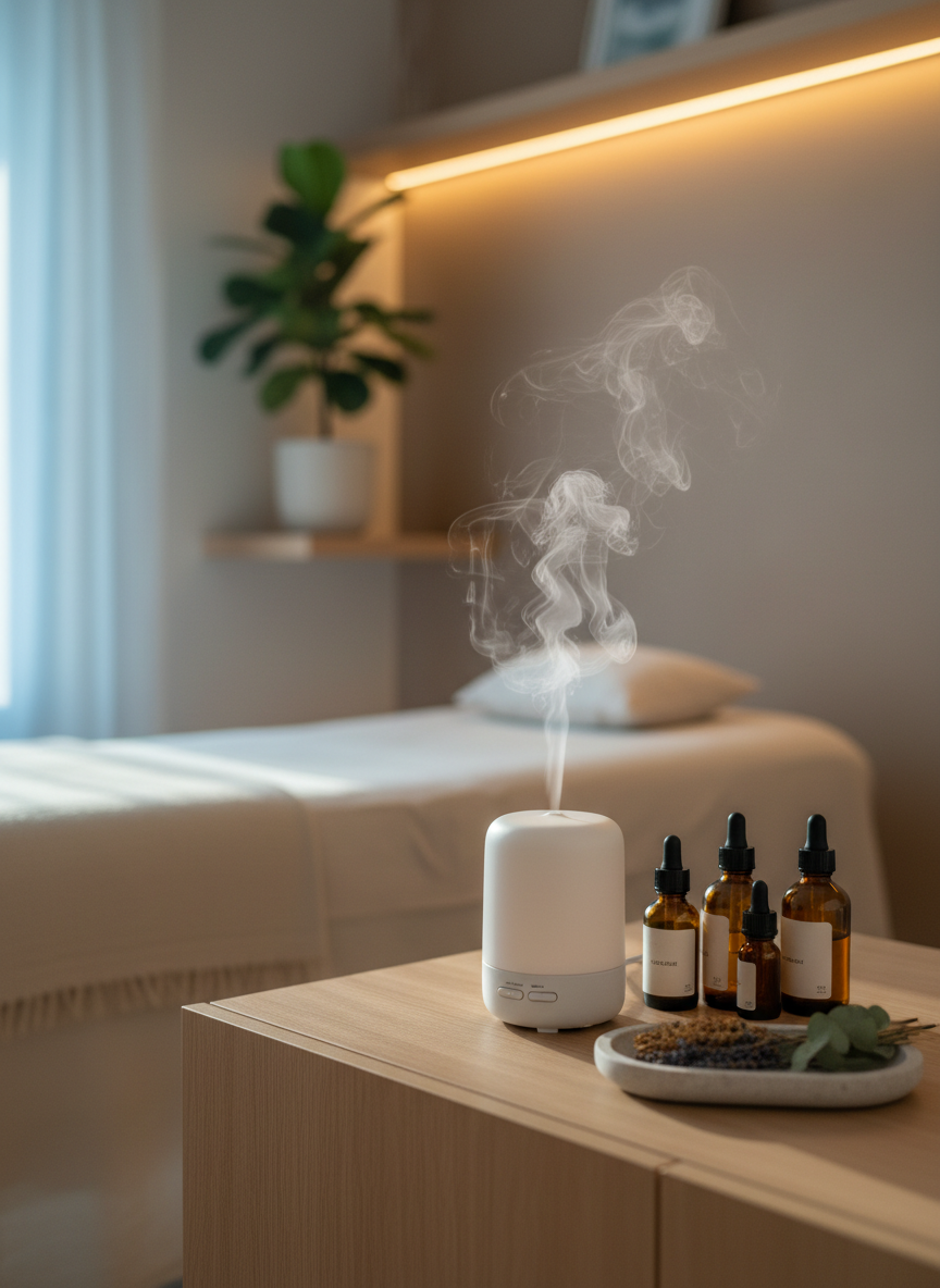 A refined, photographic depiction of an aromatherapy relaxation corner in a private salon. On a low, pale wood sideboard, a matte white ceramic diffuser releases a delicate, swirling mist, surrounded by unbranded amber glass bottles of essential oils and a small, smooth stone tray holding dried herbs. In the background, a partially visible treatment bed and a simple wall shelf with a single potted green plant create depth without clutter. Soft, warm-toned indirect lighting from a concealed fixture washes the beige wall, while a hint of cool daylight from an unseen window adds balance. Shot from a slightly elevated angle with a gentle bokeh effect, the composition feels serene, mature, and contemplative, suggesting holistic support for women navigating body-image or recovery, without showing any human figures.